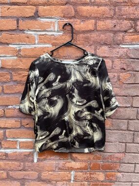 Everlane Oversized Black and Pale Yellow Viscose Swirl Blouse